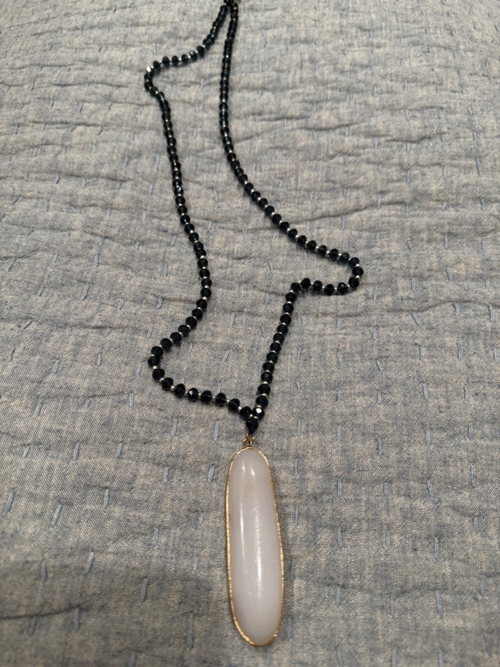 Altar'd State Dark Navy Crystal Beaded Necklace with White Oval Pendant